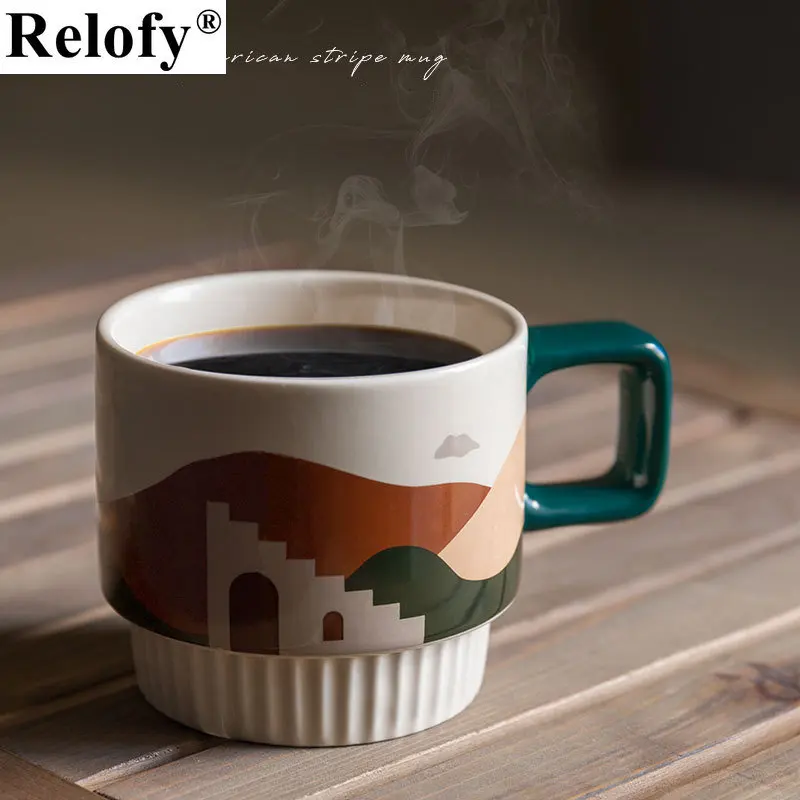 

320ml Creative Ceramic Coffee Striped Mug with Handle Household Breakfast Lovers Whiskey Tea Milk Water Cup Juice Beer Drinkware