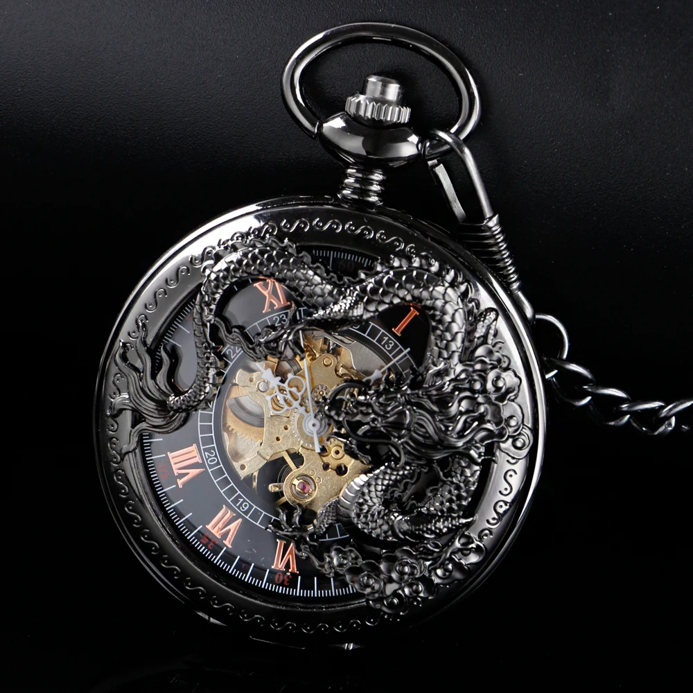 New Black Flying Dragon Sculpture Mechanical Pocket Watch Retro Hollow Case Simulated Skeleton Men's Mechanical Pocket Watch