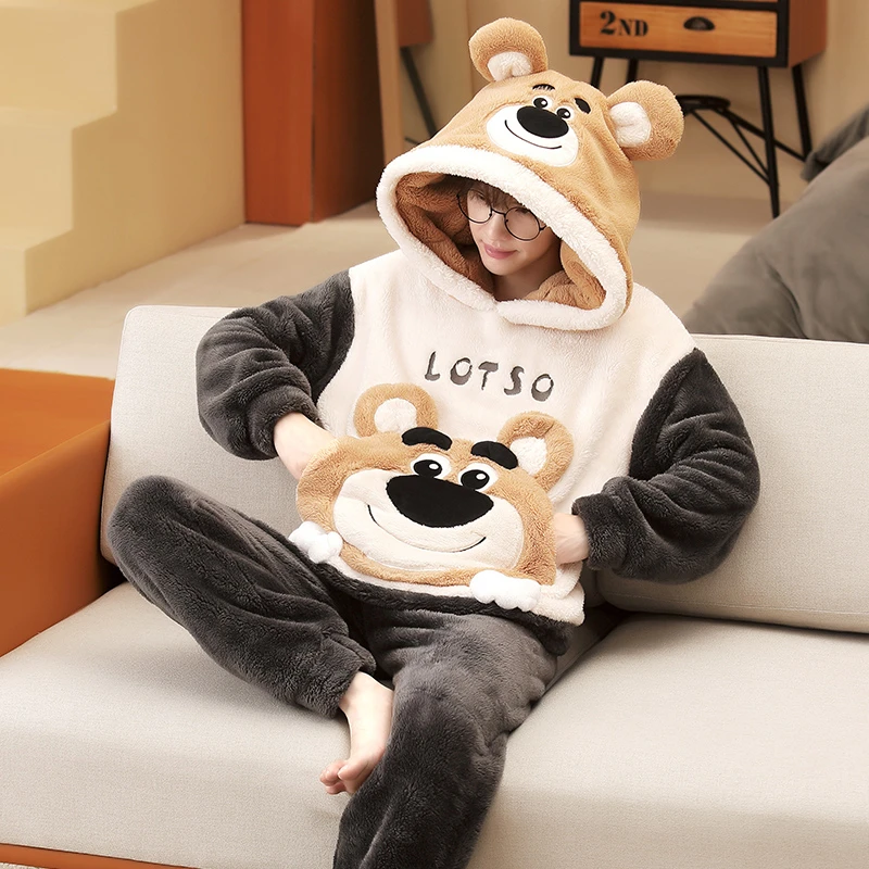 Winter Couple Pajamas Set Thicken Women Men Pajama Sleepwear Cartoon Bear Soft Warm Lovers Adult Homewear Hoodies Pyjamas Suit