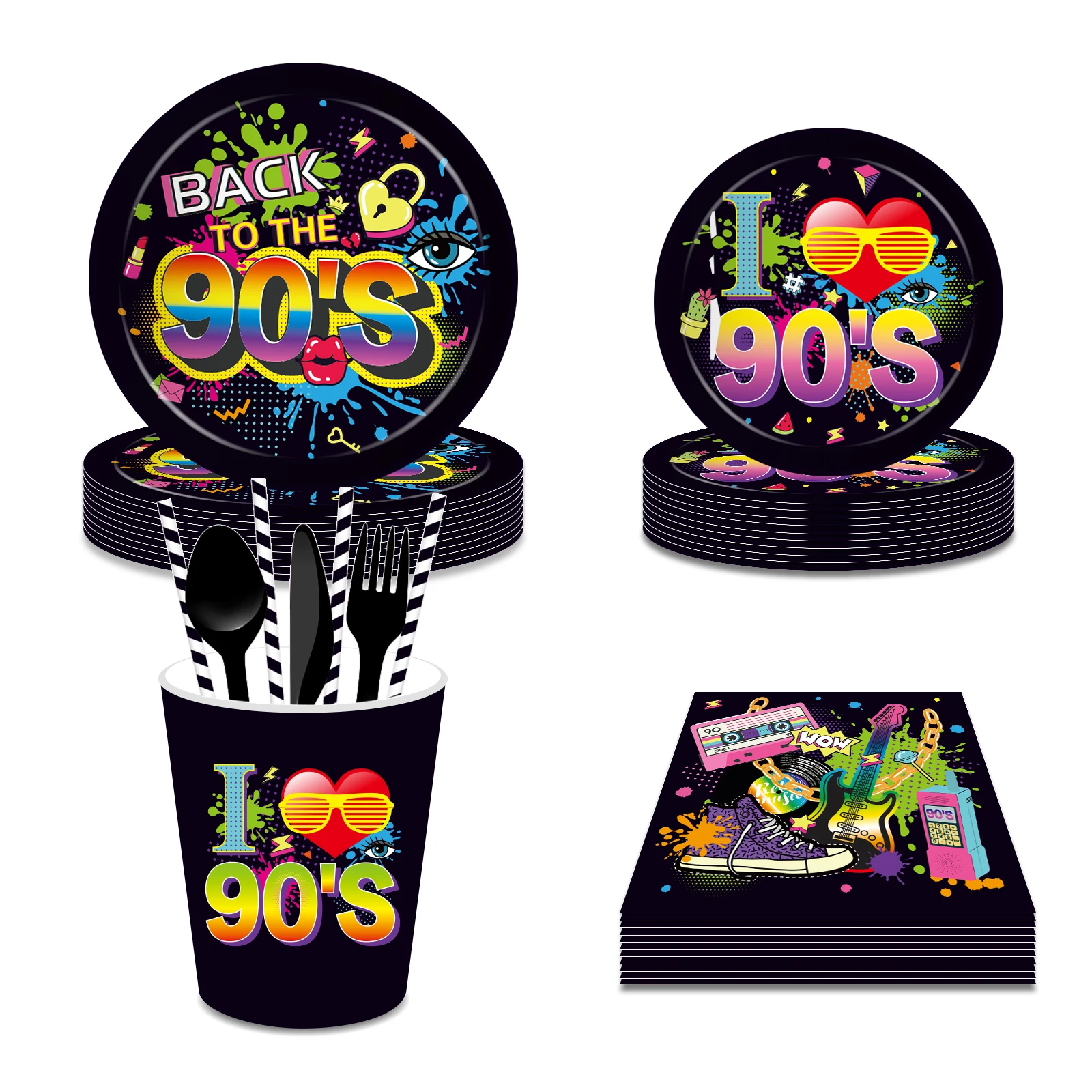 

Hip Hop 90s Party Supplies Disposable Tableware Set Paper Plates Hanging Swirls Retro Disco Party Supplies for Birthday Decor