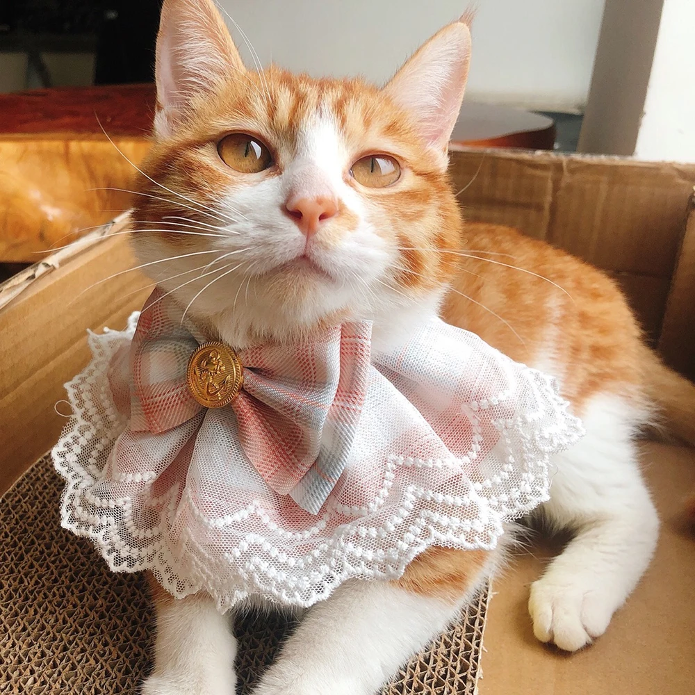 

Original Design Pink Plaid Ribbon Dog Bowtie Organza Cotton Gauze Dog Necklace Bibs Cat Accessories Special Kitten Pet Products