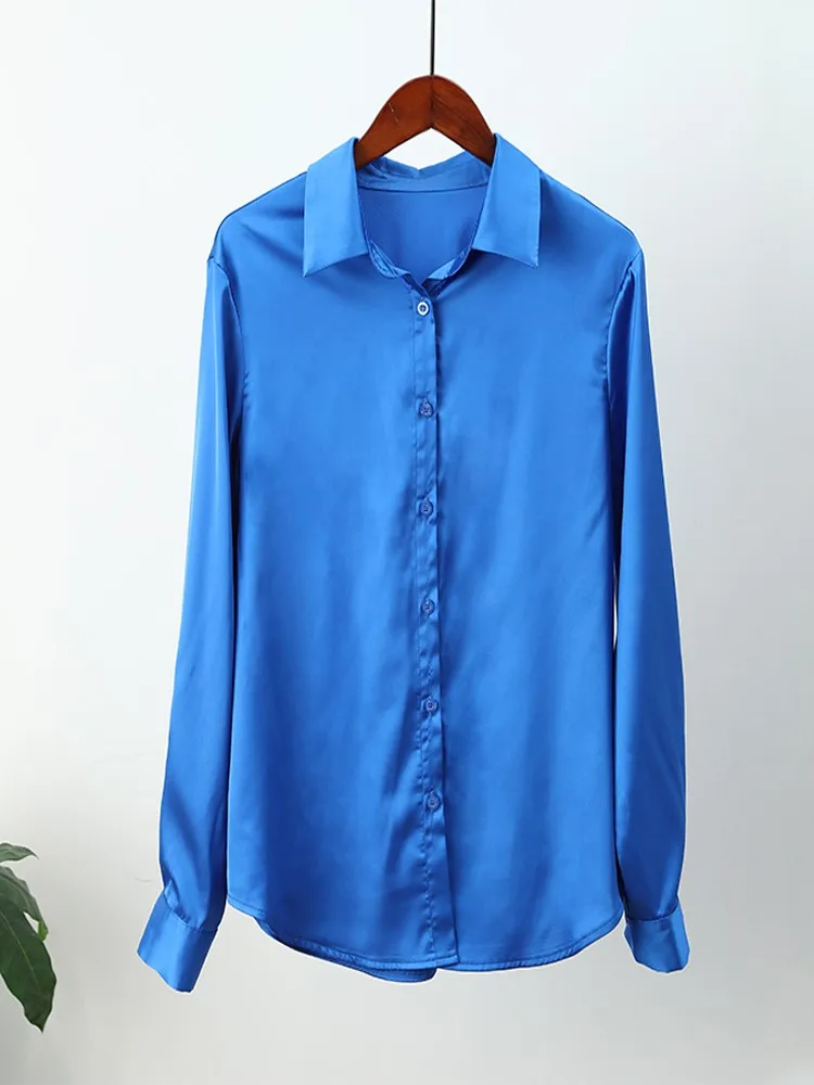 Женская шелковая атласная драпировка голубая Повседневная Блузка с отложным