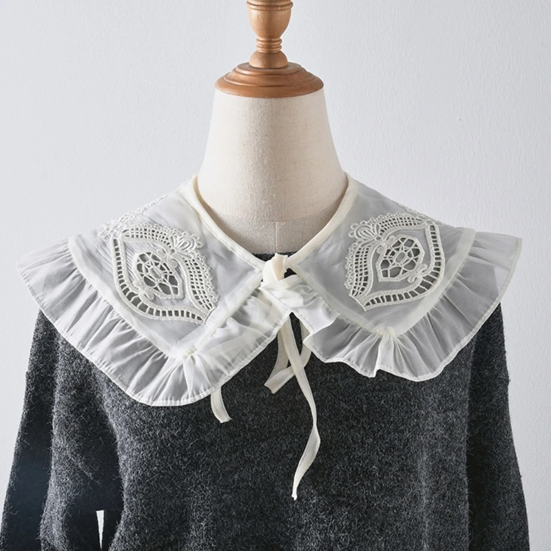 

Women Elegant Embroidery Lace Patchwork Detachable Faux Collar Ruffled Trim Shawl Scarf Lace-Up Bowknot Capelet Shrugs NEW