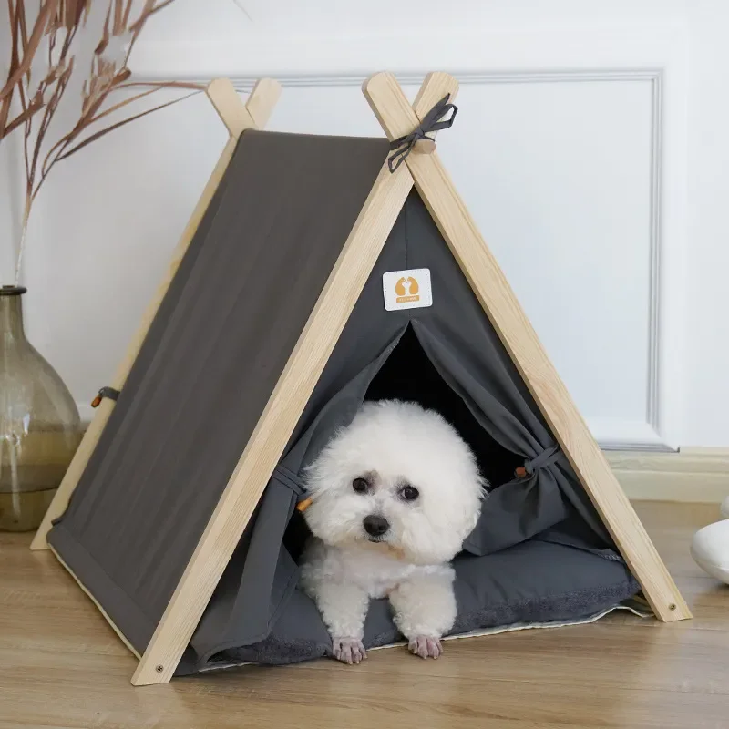 

Pet Tent House Cat Tent Bed Large Space Wooden Frame Small Tent Indoor Outdoor Pet Small Dog House With Sleep Mat Cat Dog Nest