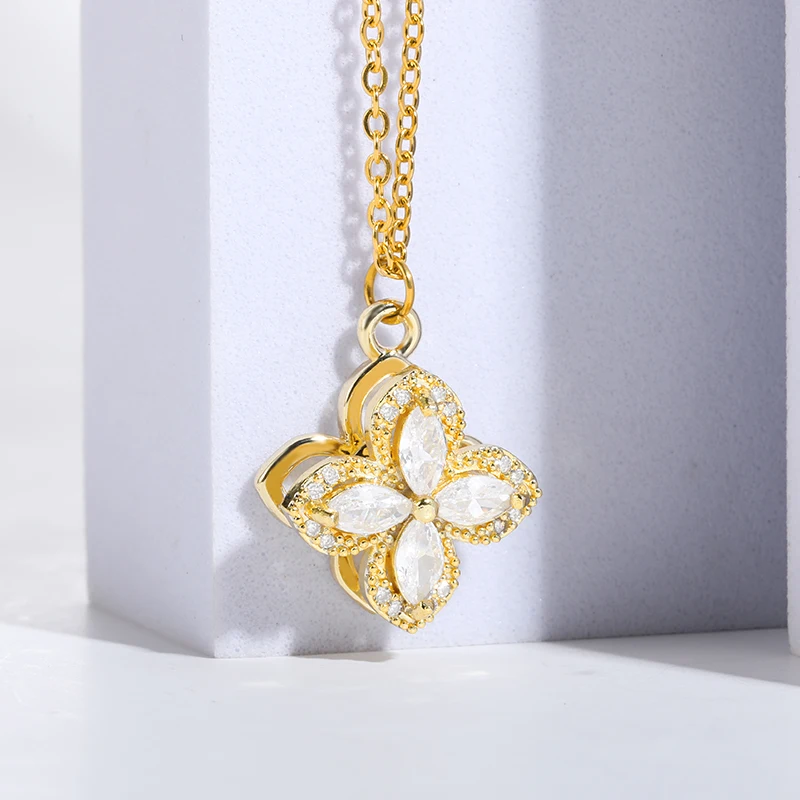 

Stainless Steel Lucky Clover Necklace For Women Rotating Flower Zircon Pendant Fashion Jewelry Girl Best Friend Gift