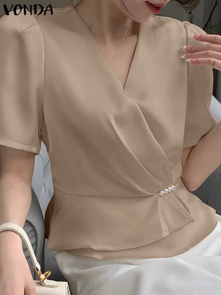 

2023 VONDA Elegant Summer Satin Blouse Sexy V Neck Women OL Style Shirts Casual Solid Color Tunic Tops Pleated Fashion Blusas