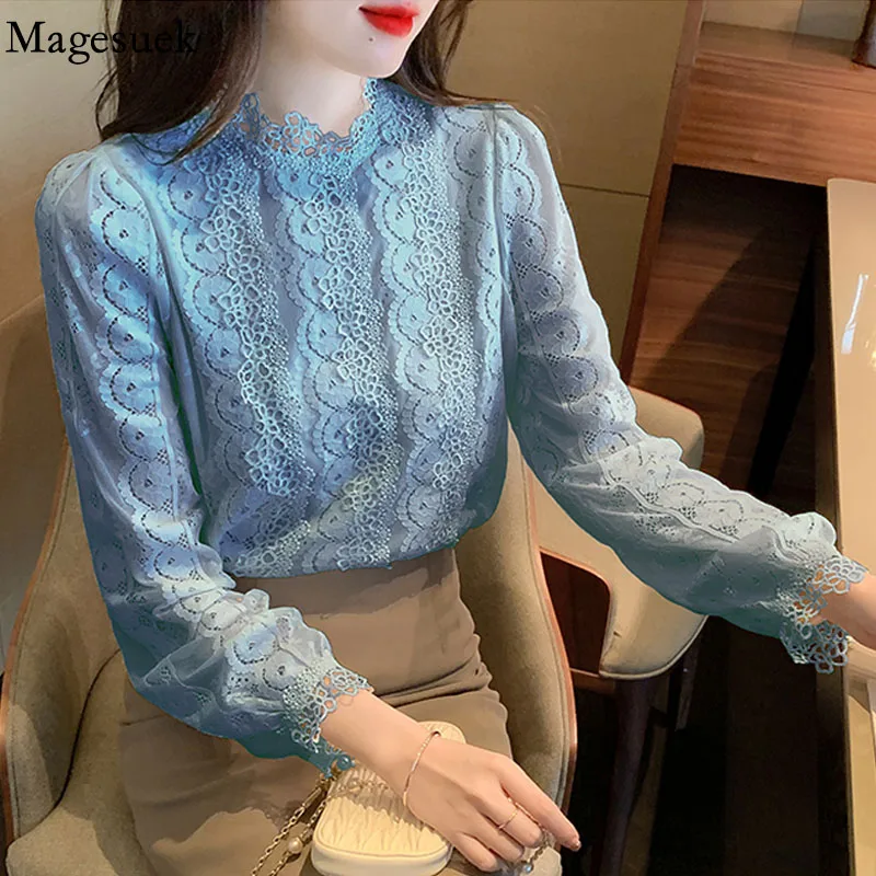 

French Long Sleeve Lace Chiffon Blouse Stand Collar Elegant Hollow Out Lady Shirts In Autumn 2022 Loose Sweet Tops Mujer 22874