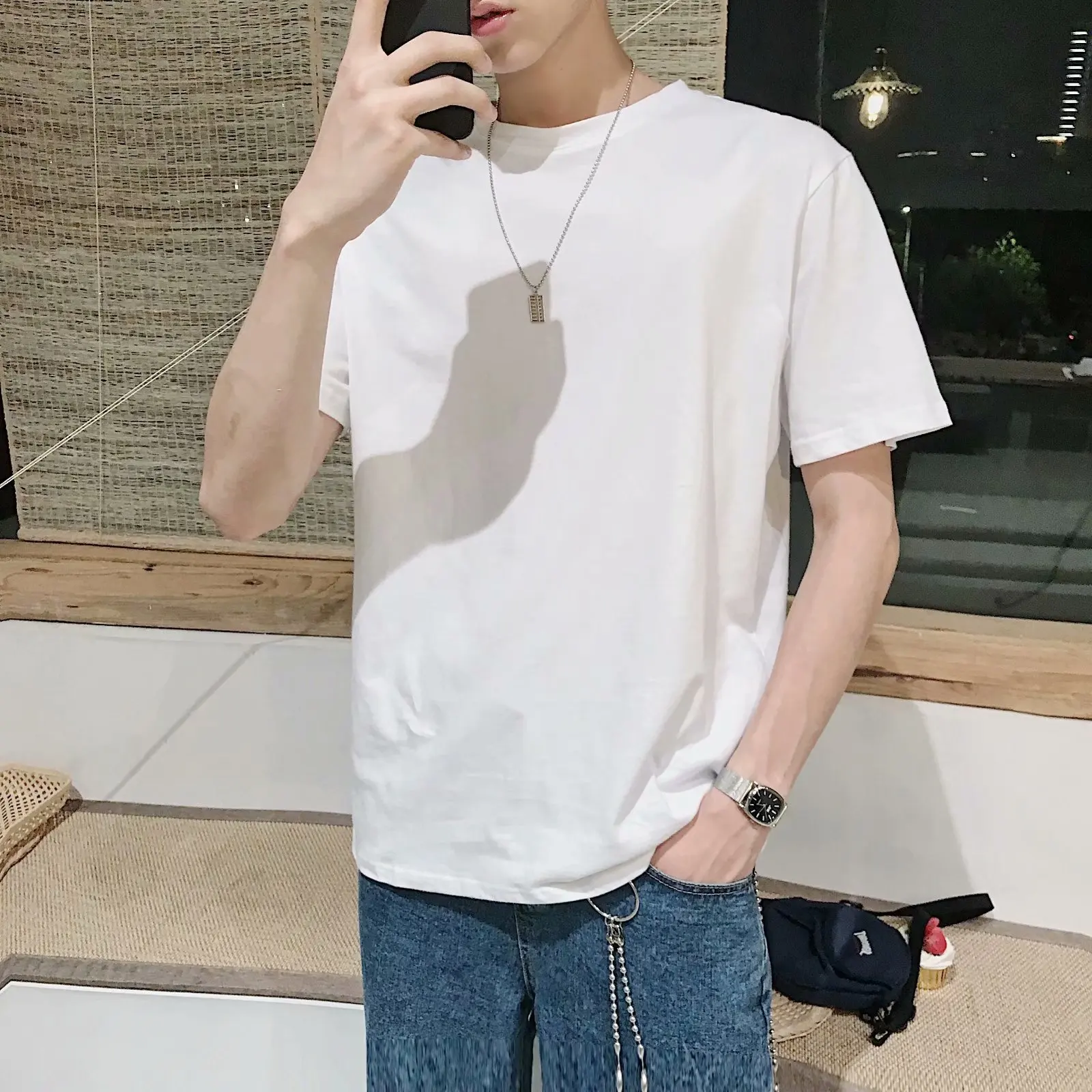 Футболка мужская с круглым вырезом однотонная Повседневная рубашка воротником