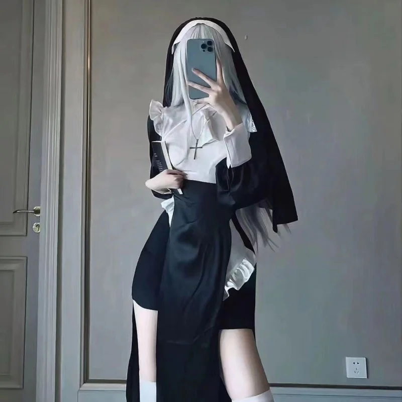 

Аниме костюмы для косплея сексуальная униформа монахини черное платье повседневные Костюмы на Хэллоуин для женщин монахин Косплей