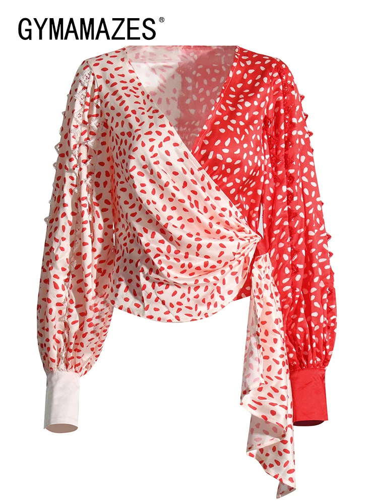 

GYMAMAZES Irregular Loose Shirts For Women V Neck Lantern Sleeve Colorblock Patchwork Ruched Blouses Female Fashion 2022 Style