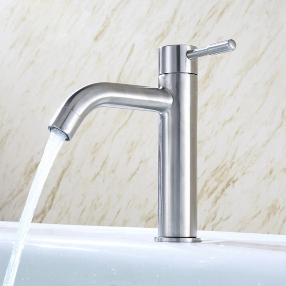 

1Pc Sink Faucet Single Cold Silver Stainless Steel Tap Bathroom Counter Basin Faucet Curved Spout For Kitchen Hotel Hardware