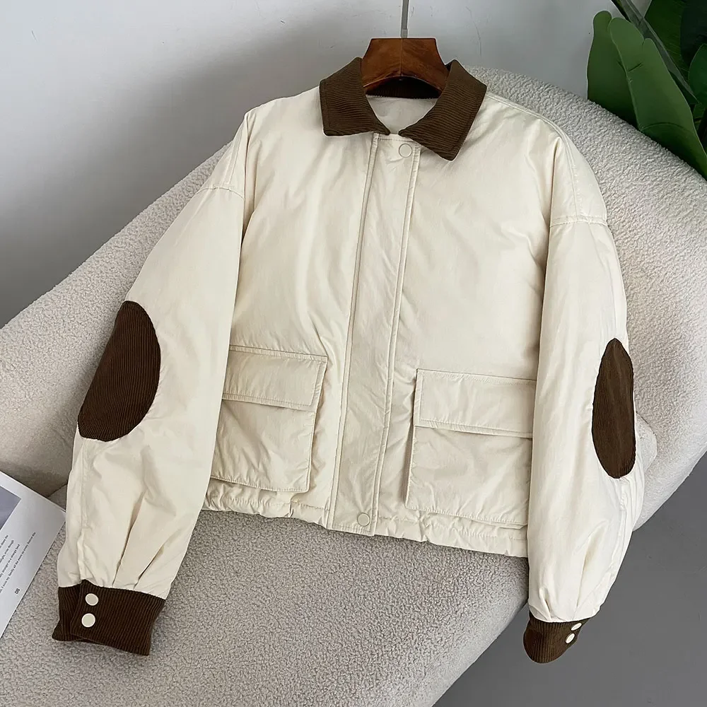 Женский короткий пуховик с отложным воротником теплый повседневный на 2024 белом