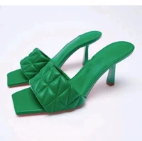 2022 summer women 9 5cm high heels green slides mules lady luxury replica designer sandals pu leather slippers outside shoes 5