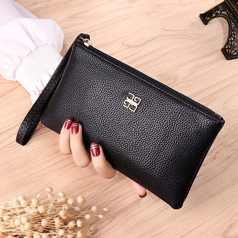 Ladies Long Wallet Simple Letter Zipper Coin Purse Soft Leather Solid Color Square  Phone Card Bag With Wrist Strap For Women