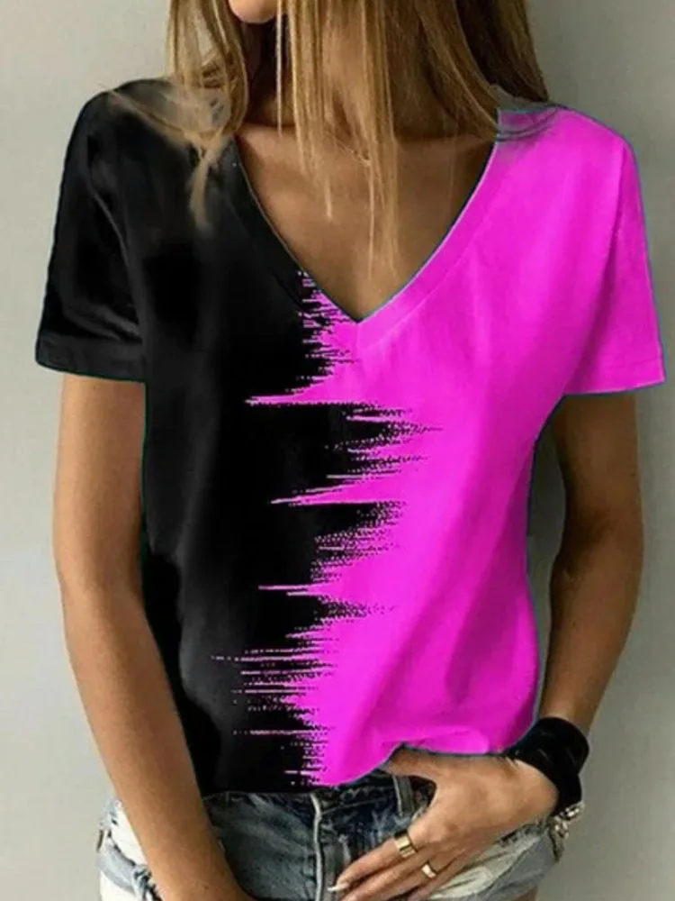 

Refreshing Summer Women Contrast Colors Blouse 2022 Spring Short Sleeve V Neck Office Tee Shirts All-match New Female Tops Tee