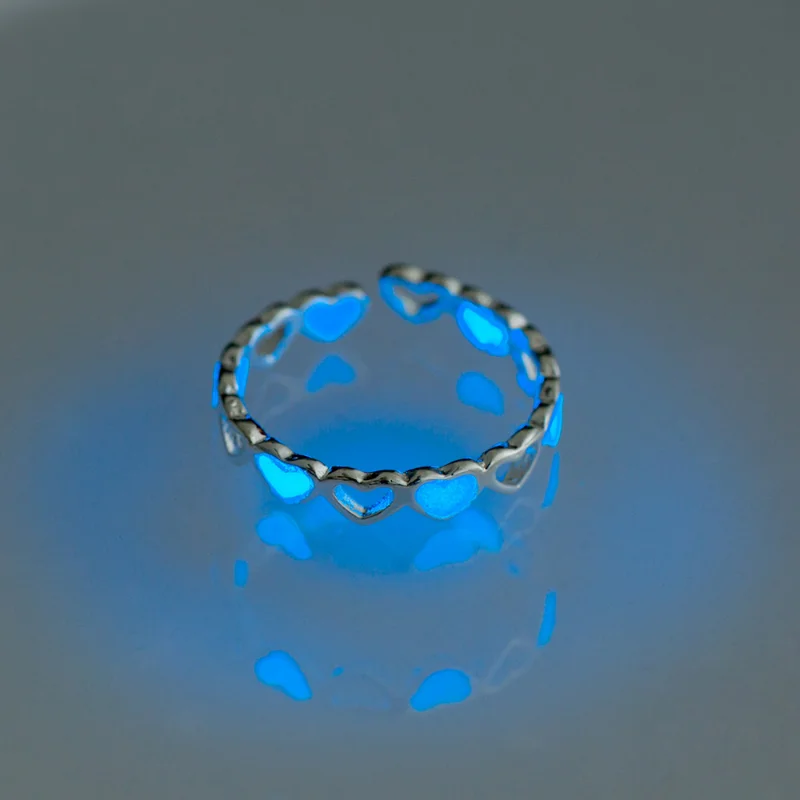 

Hollow Out Loves Glow Rings Dark Blue Luminous Pentagram Zircon Copper Ring Fluorescent Glowing Star Ring for Women