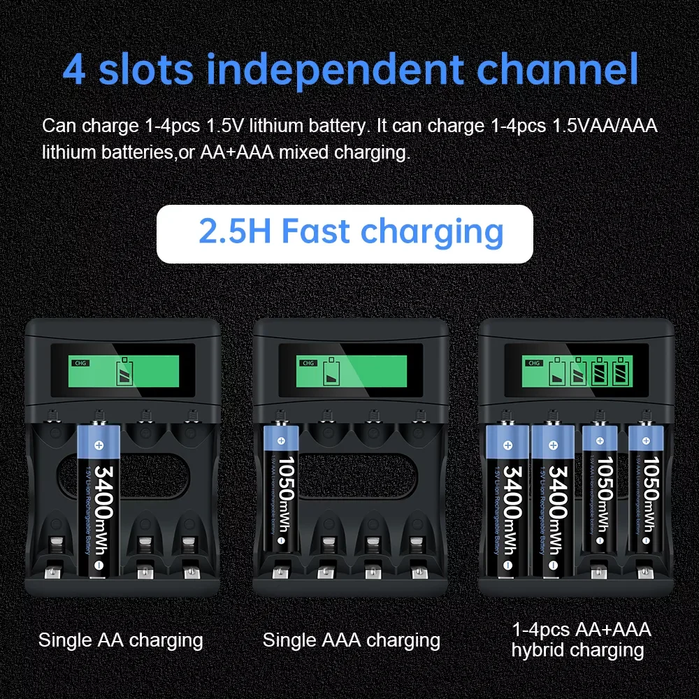 

20231.5v AA Battery Charger with LCD Display Smart Charger for 1.5v Lithium Li-ion Rechargeable Battery AAAsolar panel alexa 186