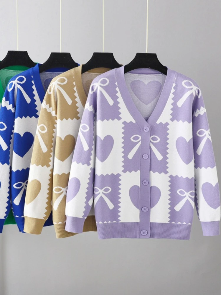 

Женский винтажный Кардиган с длинным рукавом, Свободный вязаный свитер с V-образным вырезом и квадратным вырезом, в Корейском стиле, зимняя ...