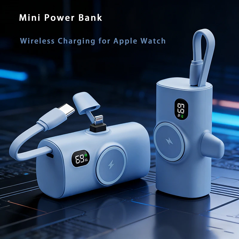 Фото Мини-портативное беспроводное зарядное устройство (Power Bank) 5000 мАч для Apple Watch, iPhone 16, 15, внешний аккумулятор для Samsung, Huawei, Xiaomi №1
