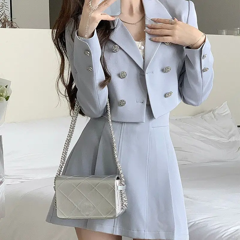 

2023 Women Spring Autumn New Two Piece Skirts Sets Female Solid Short Blazer Jackets + Casual Mini Skirts Ladies Suits R188