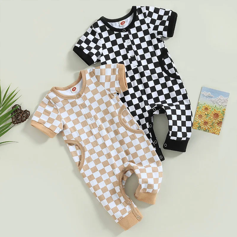 

Summer Newborn Baby Boys Girls Casual Rompers Checkerboard Print Short Sleeve Pocket Jumpsuits Long Pants Overalls Clothes