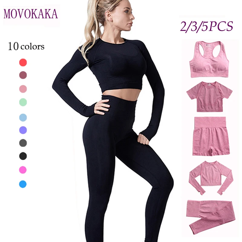 

MOVOKAKA 2/3/5PCS Women Yoga Set Workout Sportswear Gym Clothing Fitness Long Sleeve Crop Top High Waist Leggings Sports Suits