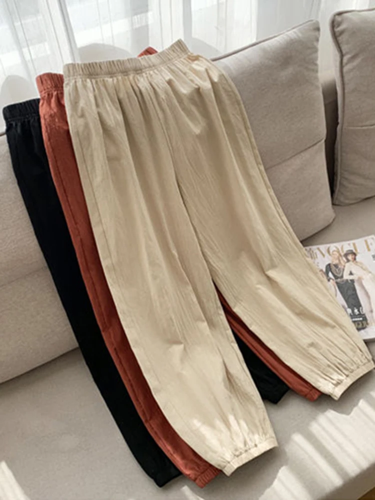 

Женские хлопковые брюки JMPRS длиной до щиколотки, Летние черные свободные шаровары с эластичным поясом, повседневные корейские женские спор...