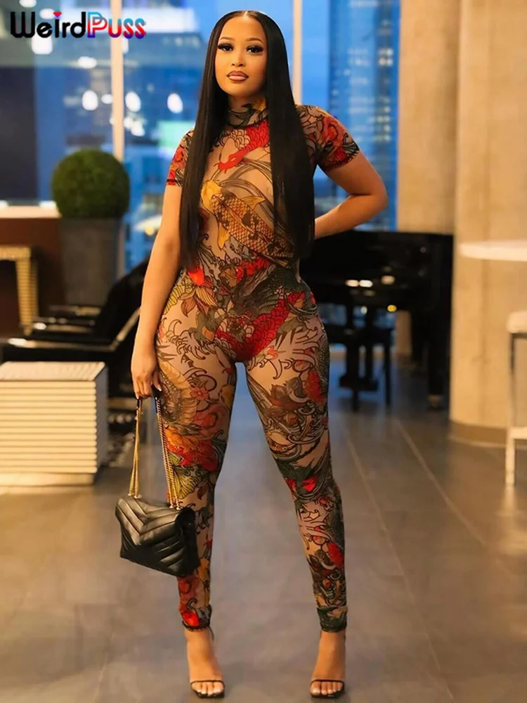 Женский прозрачный комбинезон с открытой спиной и принтом дракона