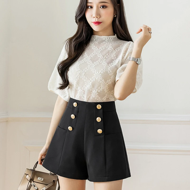 2023 Suit Shorts Women High Waist A-line Shorts Spring Summer Casual Loose Wide Leg Chiffon Shorts Lady Black White