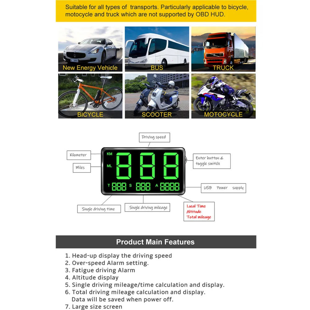 

Universal Digital Car GPS MPH KM/h HUD Display Speedometer Alarm For Motorcycle 2. No Built-in Battery, No Explosion/no Burning