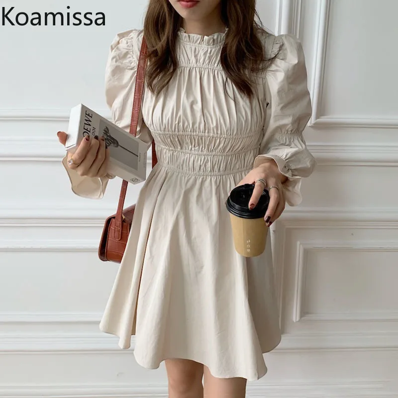 Koamissa Puff Long Sleeve Spring Summer Women Dress 2022 Elegant Stand Collar Solid Pleated Mini Dresses Slim Waist Lady Vestido