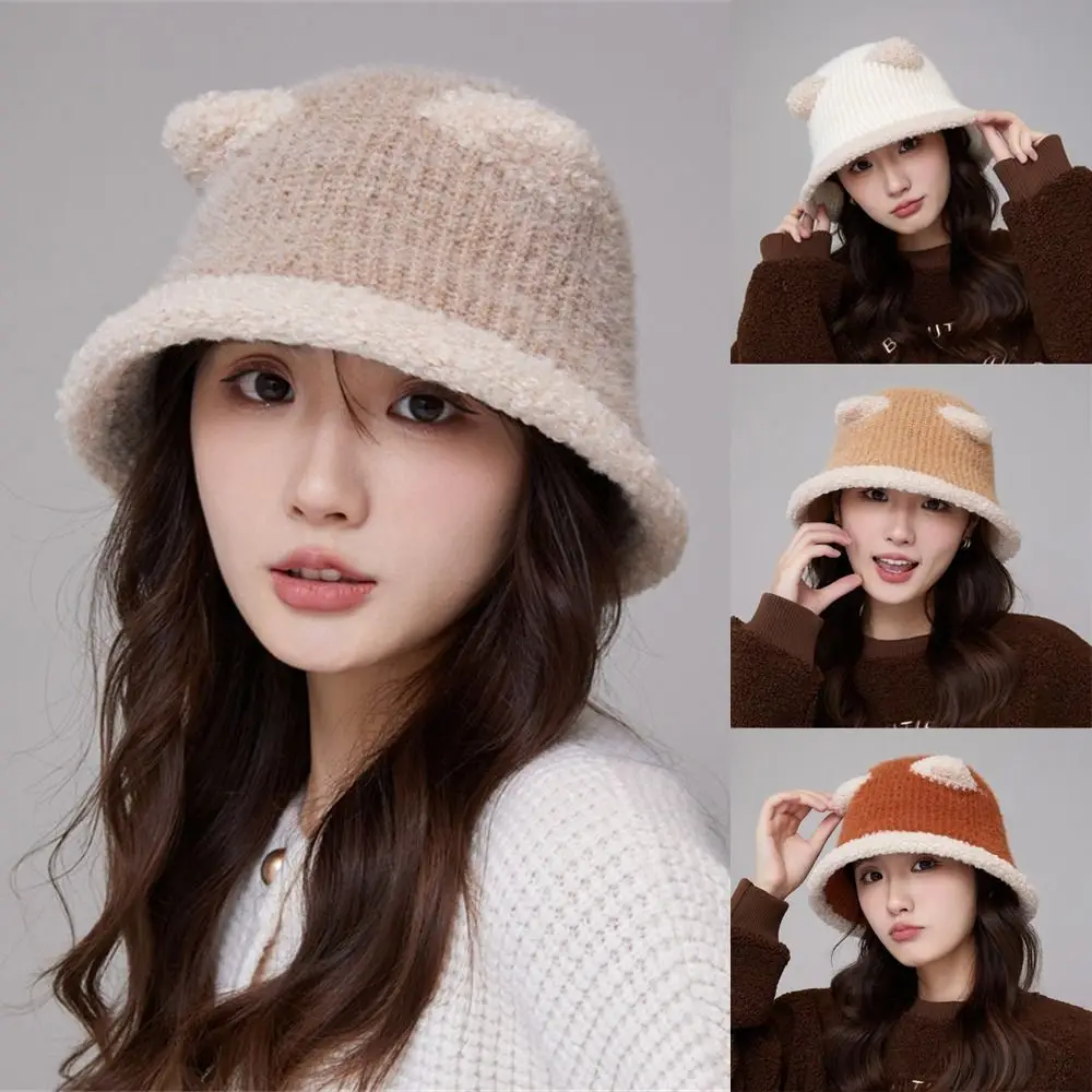 

Thickened Plush Bucket Hat Casual Soft Keep Warm Fisherman Hat Cute Bear Ear Basin Hat Women Lady