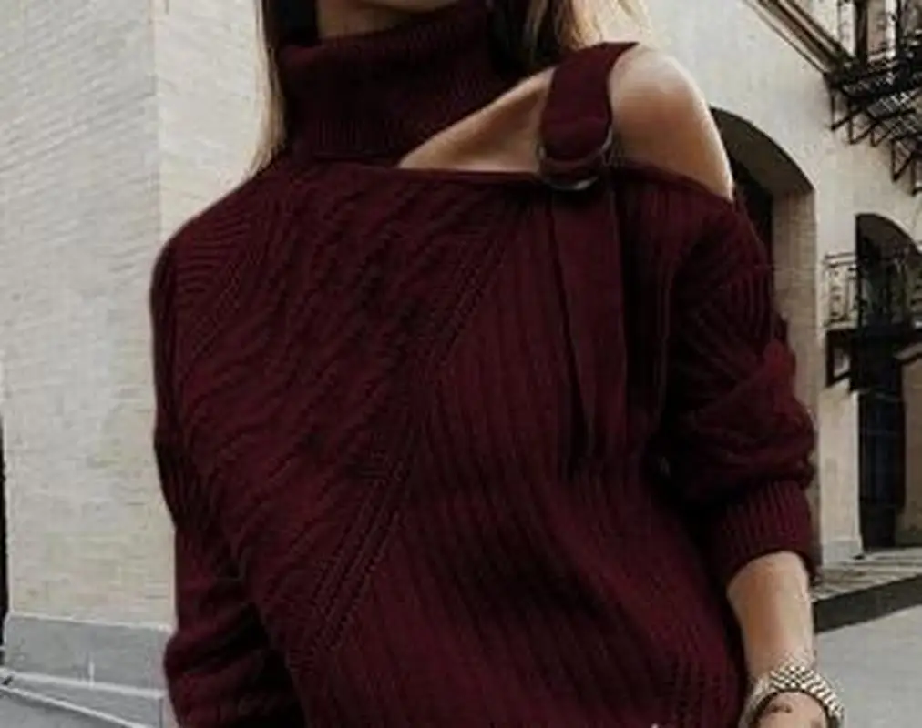 

2023 Fashion Cold-proof Strapless Hollow Knit Sweater Sexy Women Long Sleeve Bandage Turtleneck Sweater Women