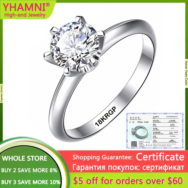 

With Certificate 18K RGP Stamp Pure Solid White Gold Color Ring Solitaire 1.0ct Lab Diamond Wedding Rings For Women Ring