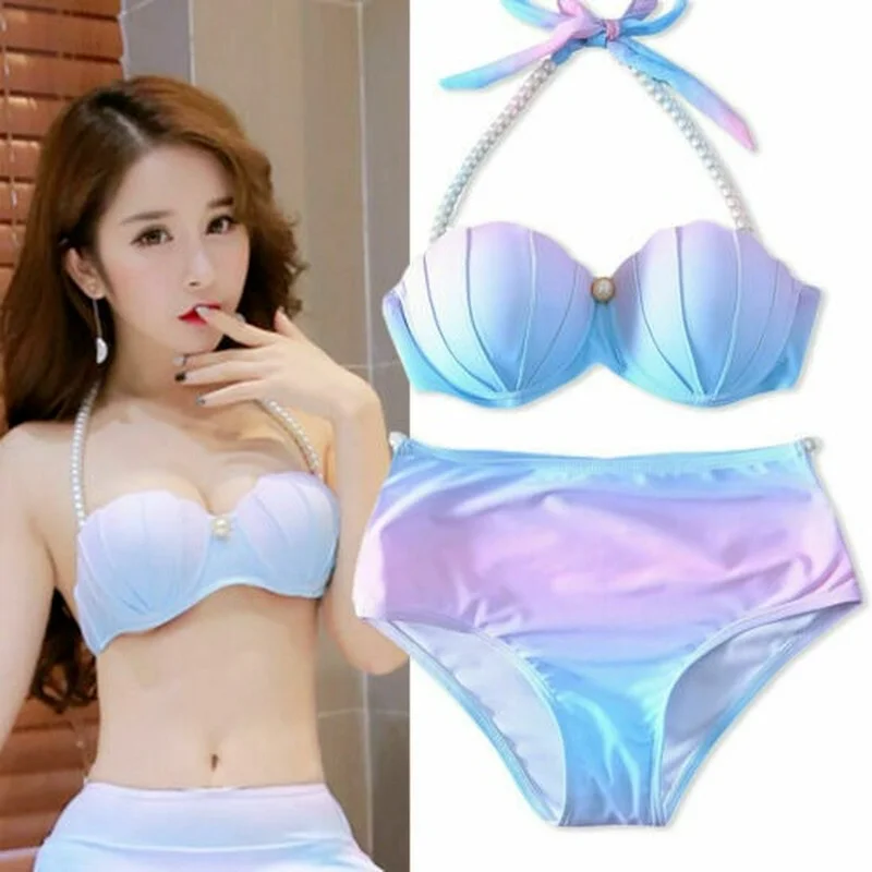 

Women's Pearl Sling Bikini Suit Gradient Mermaid Shell Pearl Bra Swimsuit with Cushion Push Up Swimsuit Sea Speed Dry Sexy