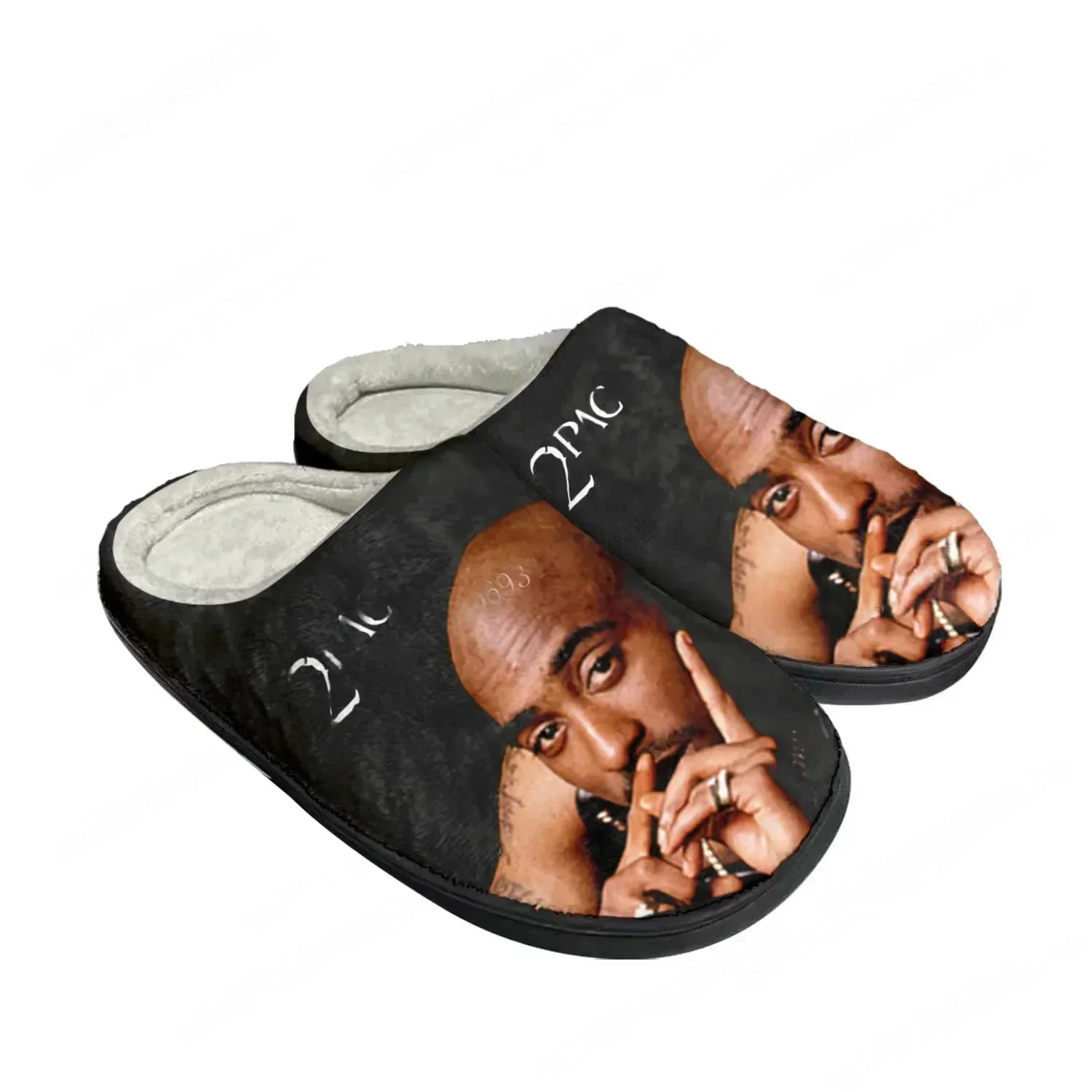 Фото Теплые домашние тапочки 2Pac Hip Hop Rapper Tupac Pop из хлопка, на заказ, для мужчин и женщин, плюшевые, для спальни, черные №1