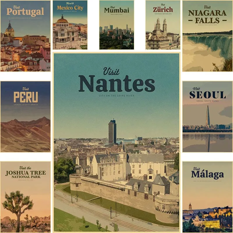 

Vintage Travel City Posters Nantes Ephesus Kraft Paper Landscape Wall Art Pictures for Room Decor DIY Home Decoration Paintings