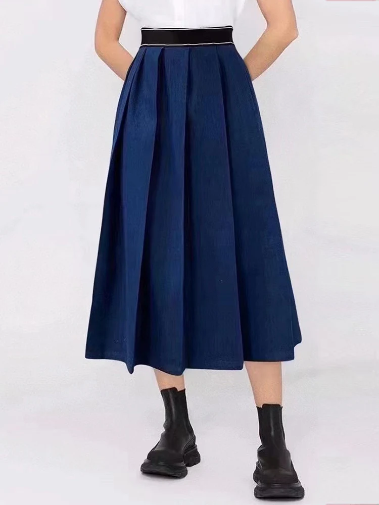 

Designer retro color contrast letters elastic waist denim skirt ladies 2023 summer new fashion all loose pleated Shampan skirt