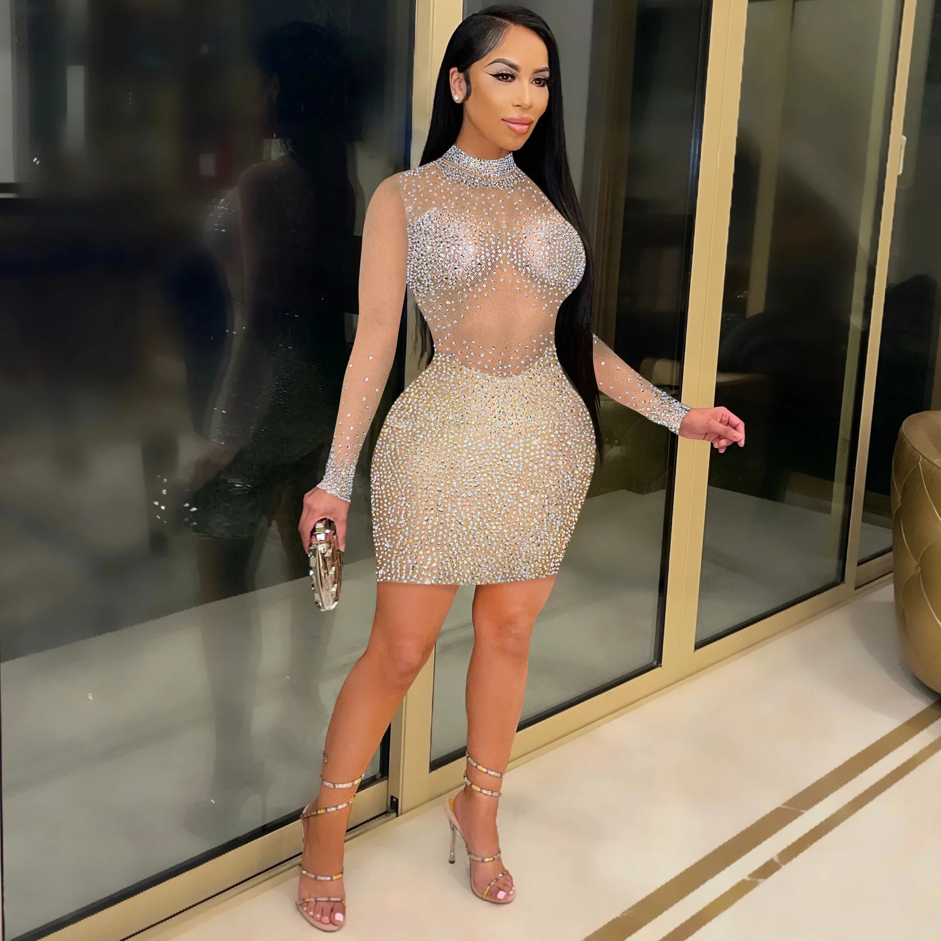 

Wishyear 2022 Crystal Mesh Sheer Black Sexy Dress Women Party Night Club Outfits Long Sleeve Bodycon Birthday Mini Dresses