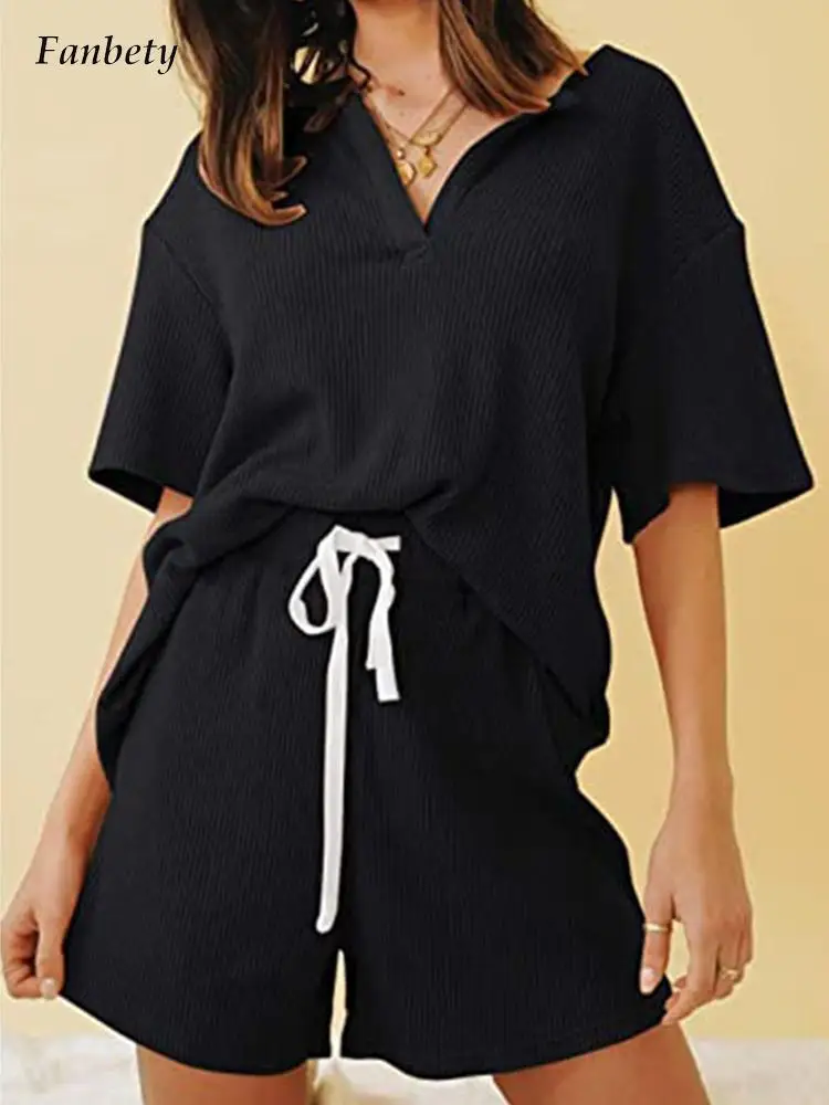 

2022 New Summer Fashion Casual Solid Two Piece Sets Women Fashion V-Neck Short Sleeve Tops And Drawstring Shorts Suit Streetwear