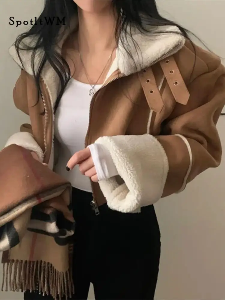 

Vintage Lamb Wool Short Coats For Women Fashion Patchwork Lapel Long Sleeve Suede Jackets Autumn Winter Female Warm Streetwear