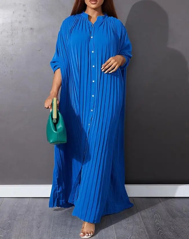 

Women's Elegant Dress Fashion Commuting Simple Loose Solid Pleated Button Design Maxi Dress2023 Summer New Style Long Dress