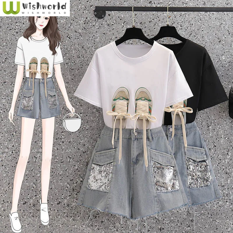 

2023 Summer New Style Personalized Lace-up Short Sleeve Tassel Denim Shorts Two Piece Elegant Women's Pants Set Outfits