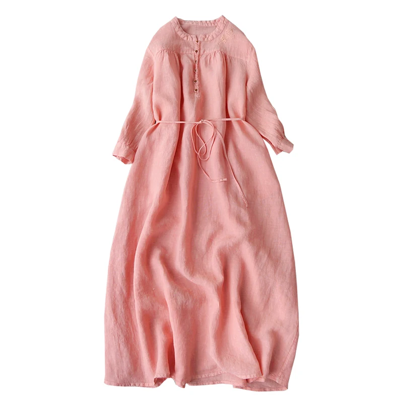 

2022 Flax Vestido Midi Elegante Chinese Style Linen LOOSE Mid-Calf O-Neck Summer Pullover Vestidos De Mujer Long Dress