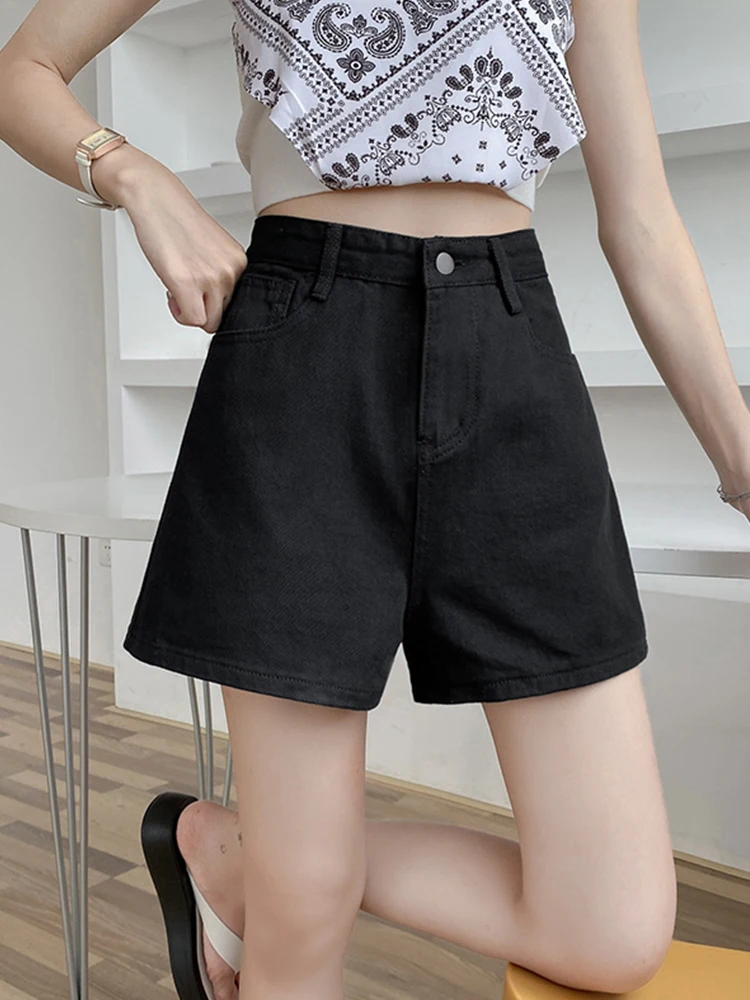 

Ailegogo New Spring Summer Women High Waist Button Wide Leg Denim Shorts Casual Female Loose Black Jeans Shorts Ladies Bottoms