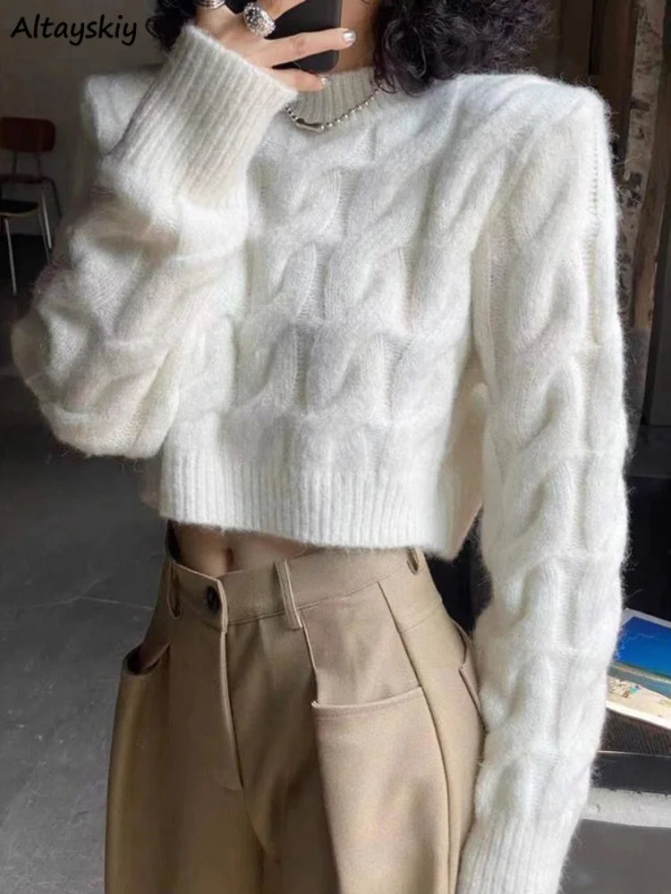 

Cropped Pullovers Women Casual Solid Half High Collar Long Sleeve 4 Colors Minimalist Ulzzang Knitted Sweaters Pull Femme Tender