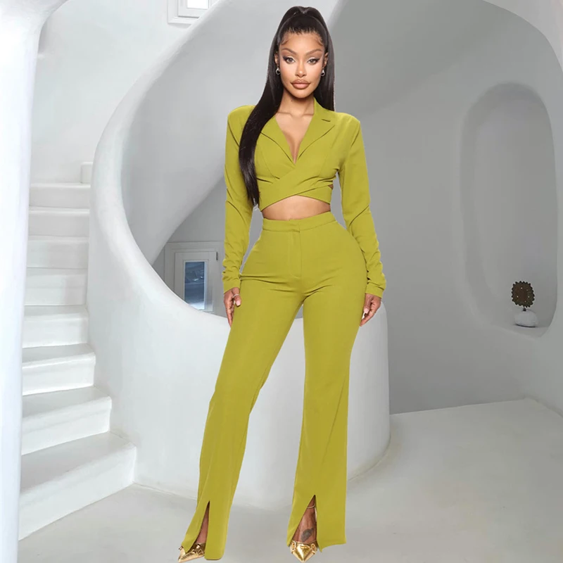

Znaiml 2022 Fall Long Sleeve Crop Top and Split Flare Pants Two Piece Sets Womens Elegant Office Lady Outfits Matching Suits