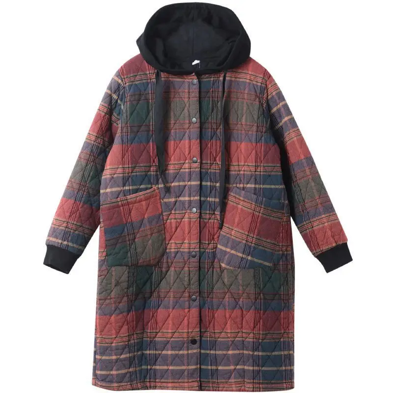 Winter Women Vintage Parkas Plaid Button Cotton Coats Hooded Pockets 2021 New Warm Female Clothes Korean Style Parkas Coats 2XL
