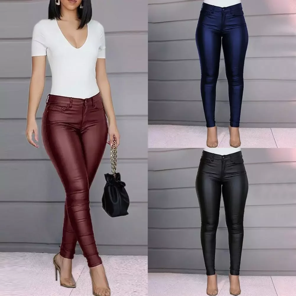 New in Leggings Pants Faux Leather Exquisite Slim Type Women Pants All Match Stretchy Close Fit Faux Leather Girl Pants for Lady