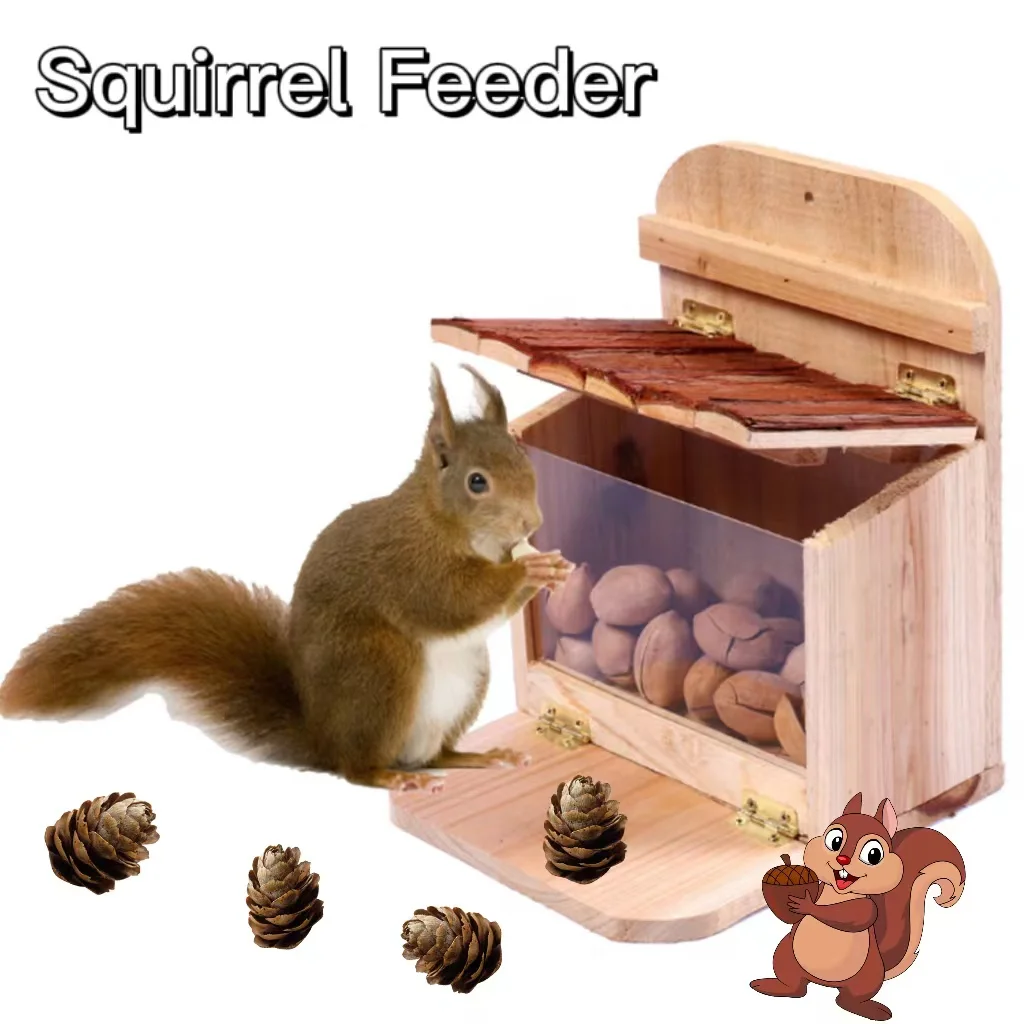 

Wooden Squirrel Feeder Box for Outside Garden Yard Pet Squirrel Feeding Hanging Station With Cover Easy to Fill and Clean